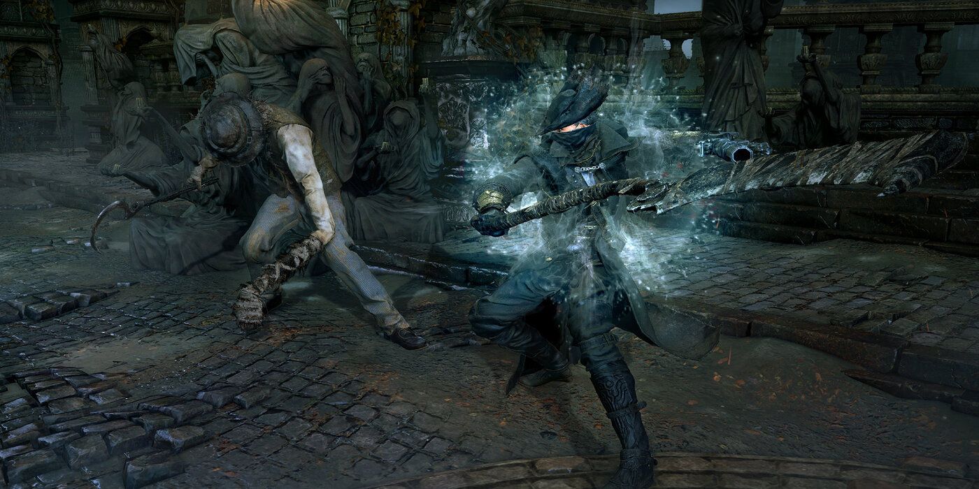 Bloodborne protagonist murking a mob