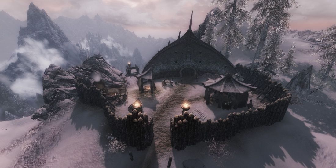 skyrim orc stronghold and longhouse in snowy region