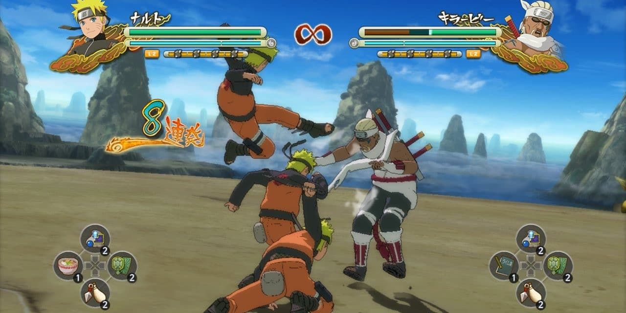 Naruto using shadow clones against Killer Bee