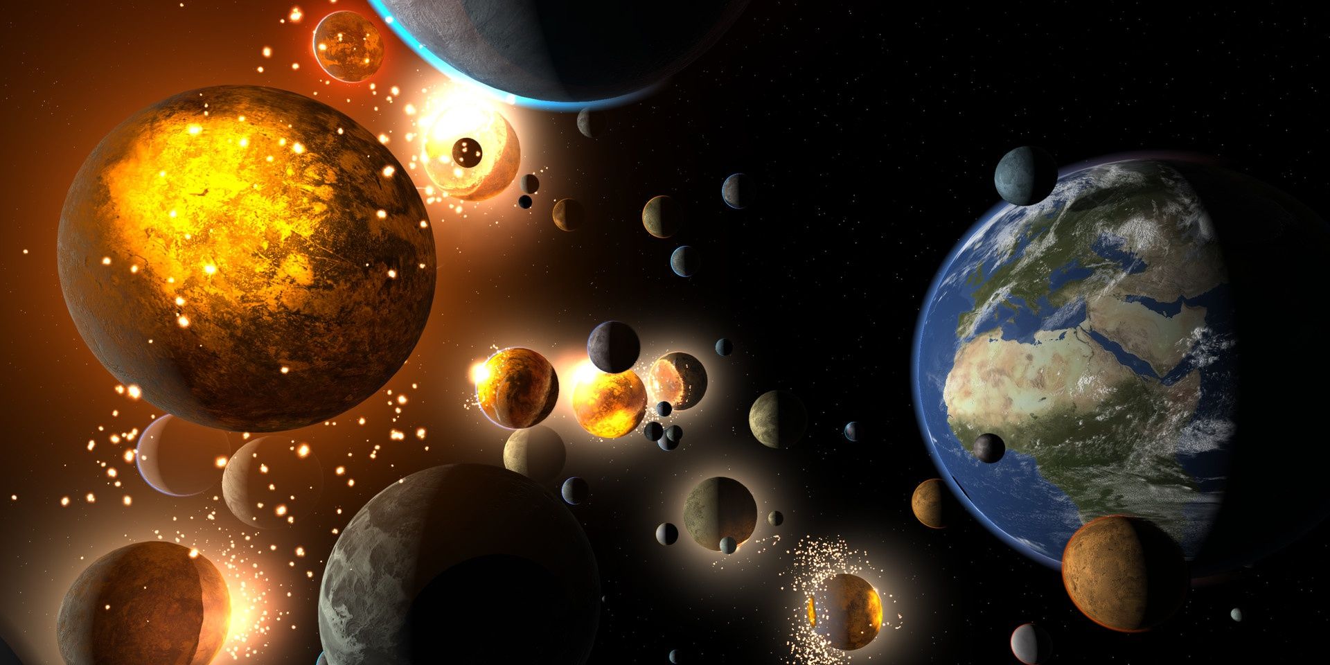 hundreds of planets are scattered throughout space, many of them are exploding, Earth can be seen on the right.