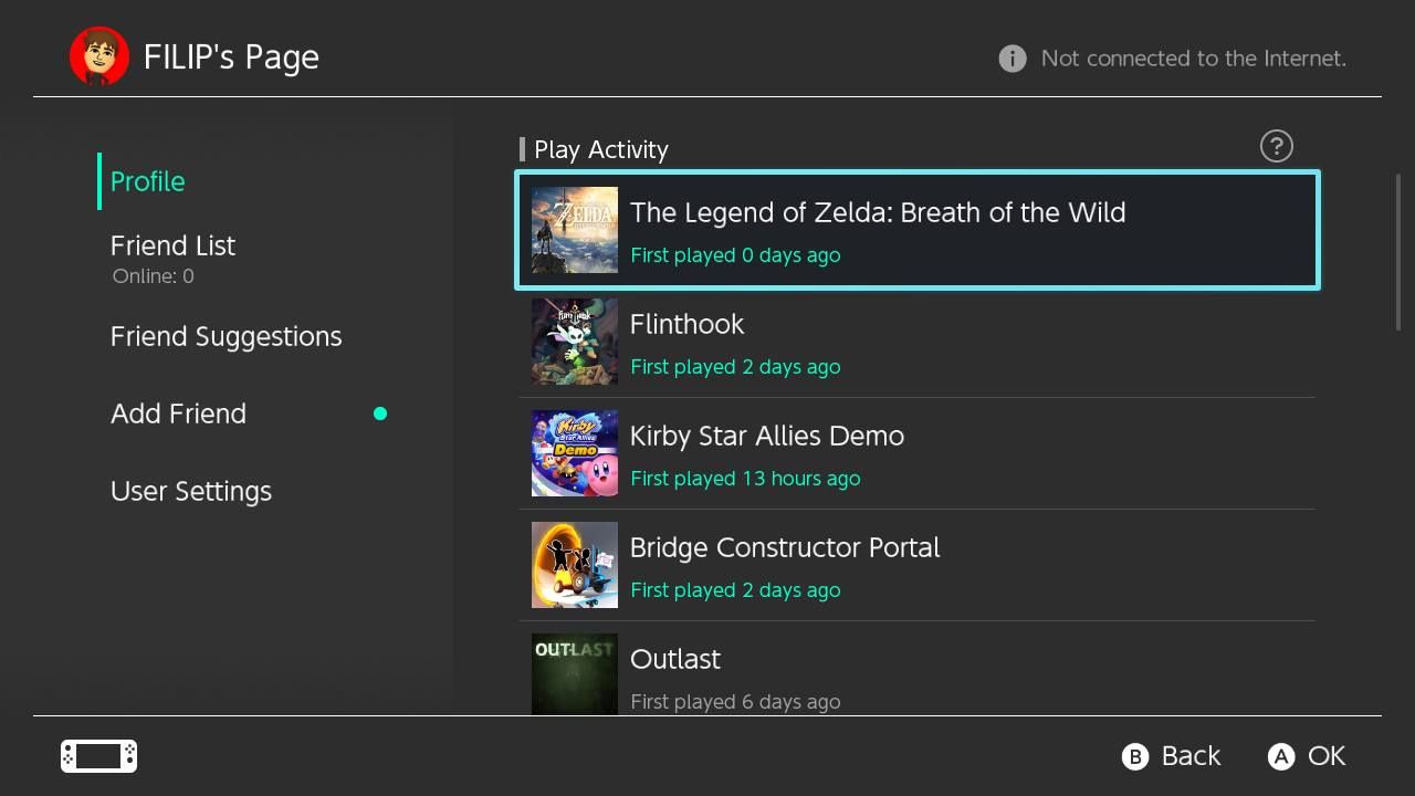 Nintendo Switch profile page