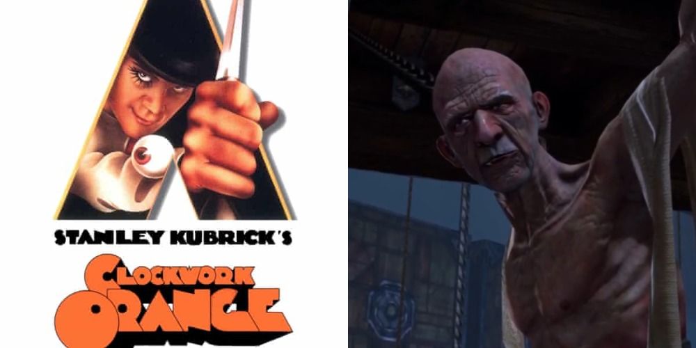 A Clockwork Orange poster and Daedalus from God of War 3