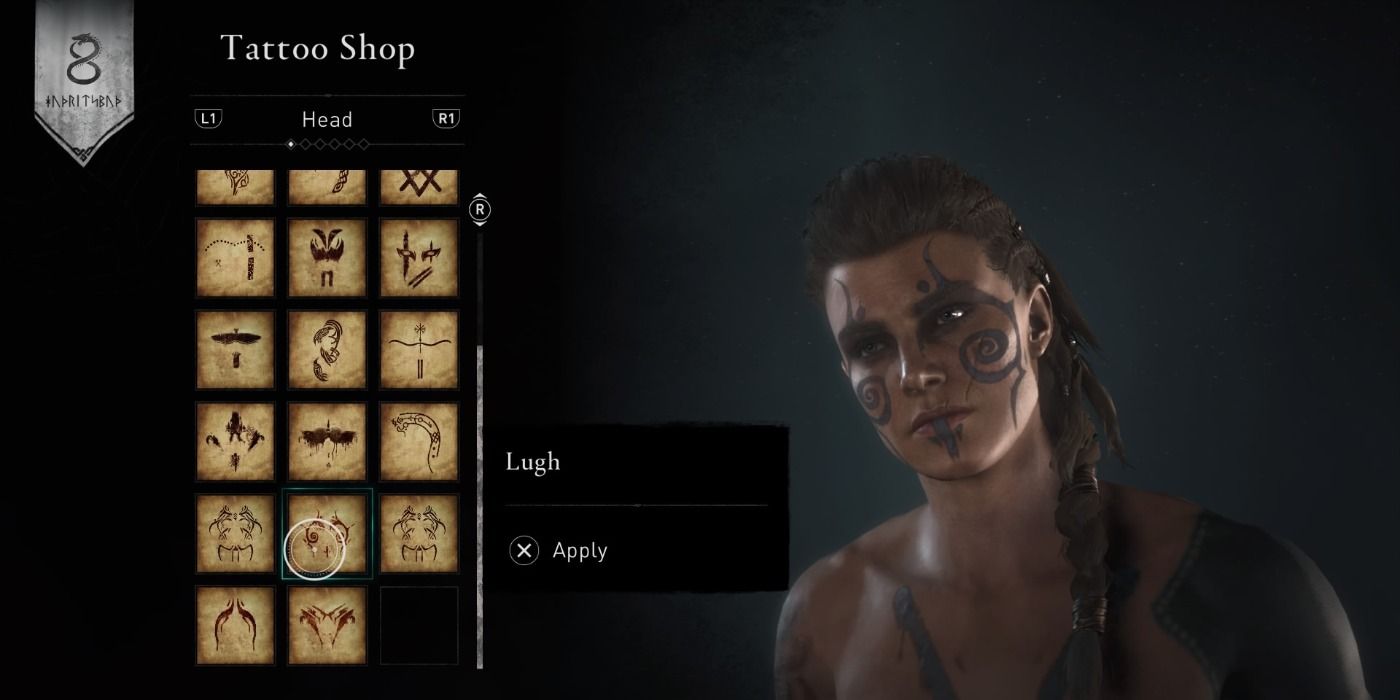Lugh face tattoo in Assassin's Creed Valhalla