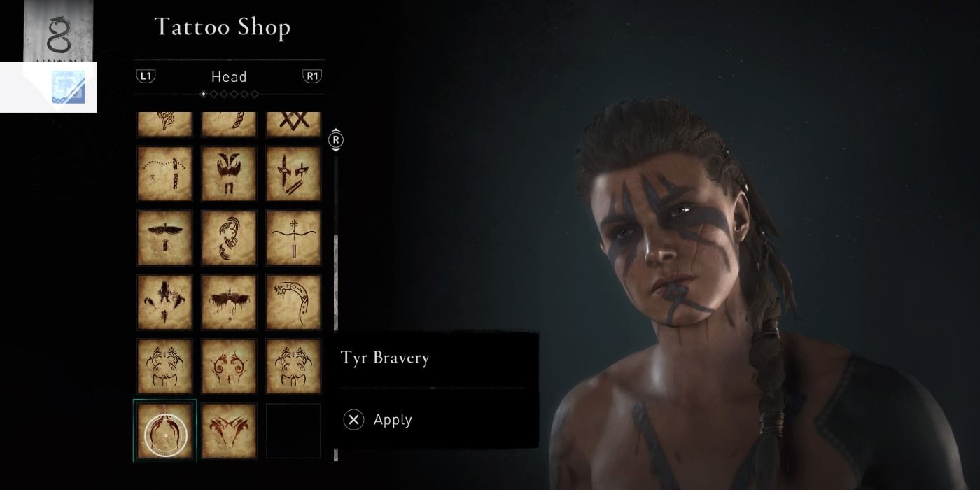 try Bravery face tattoo in Assassin's Creed Valhalla