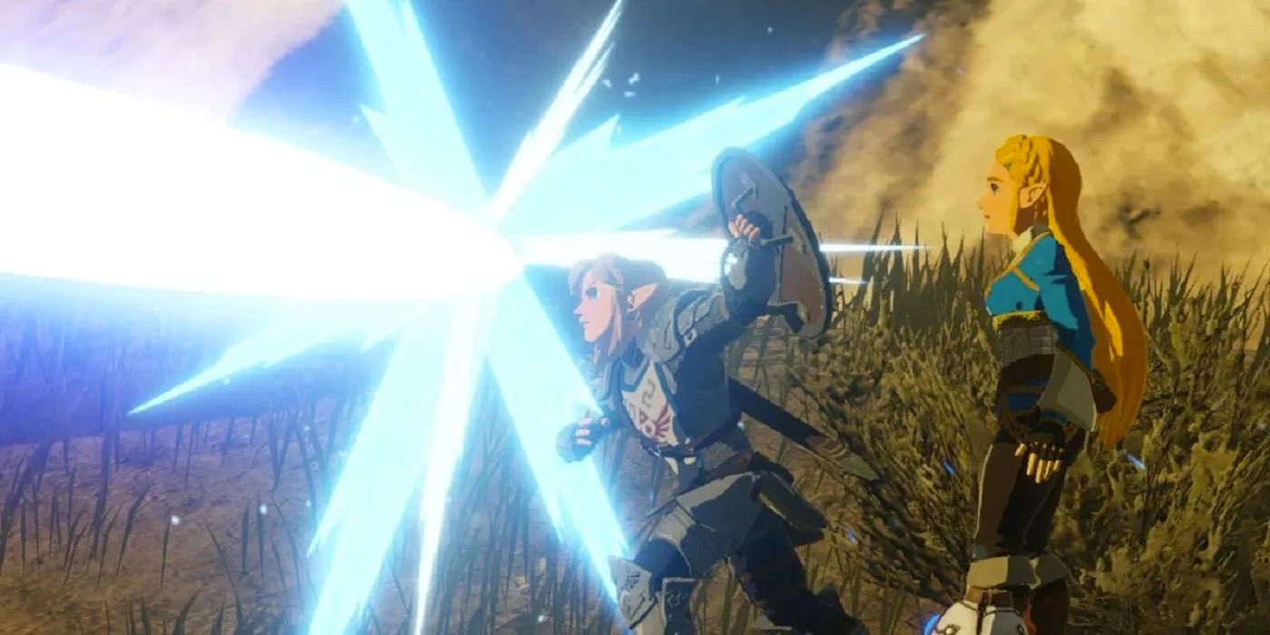 Age of Calamity Link counters Guardian with a Pot Lid to save Zelda