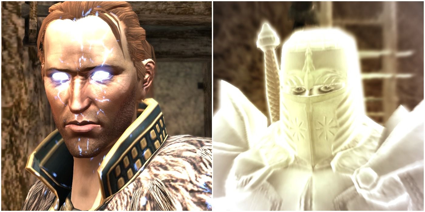 image of a possessed Anders in Dragon Age II next to Justice from Dragon Age Origins