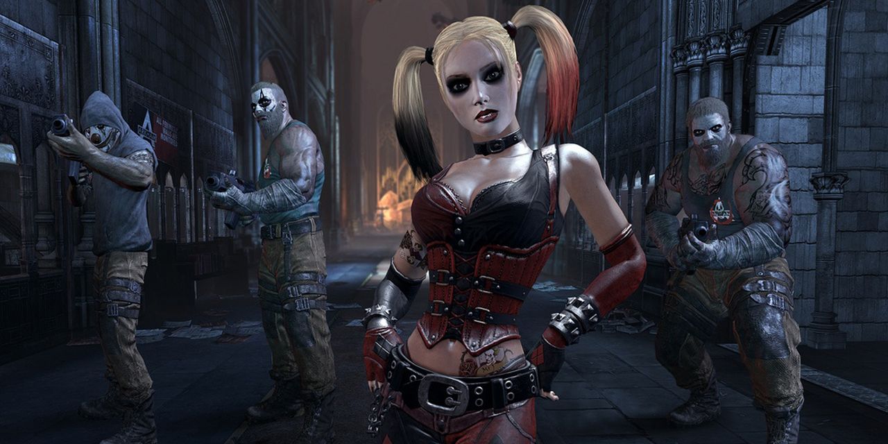 Harley Quinn beside a gang mob in Batman Arkham City.