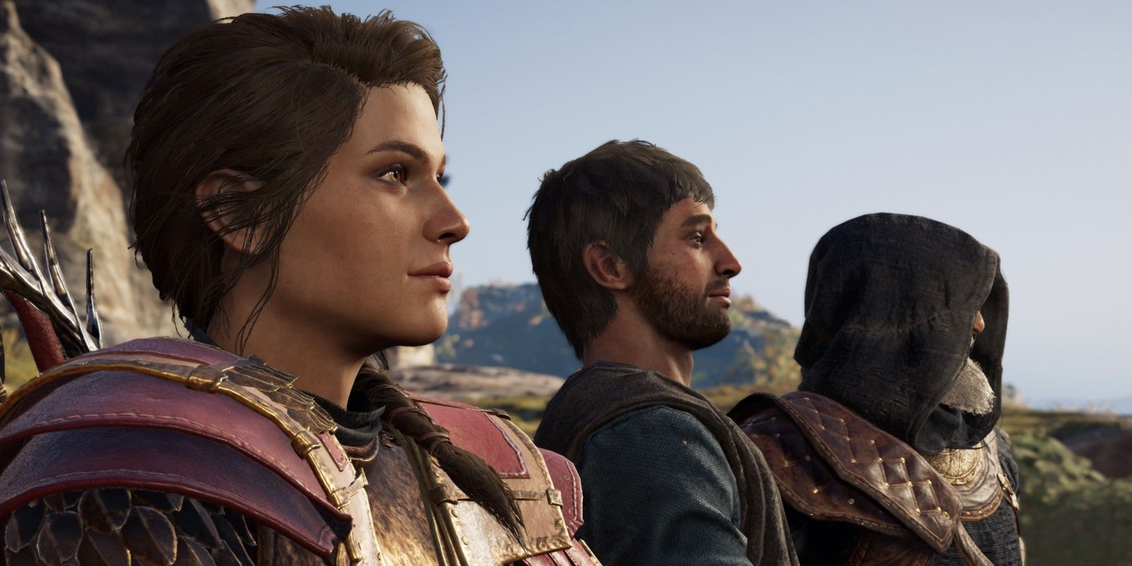 Kassandra, Natakas, and Darius in Assassin's Creed Odyssey
