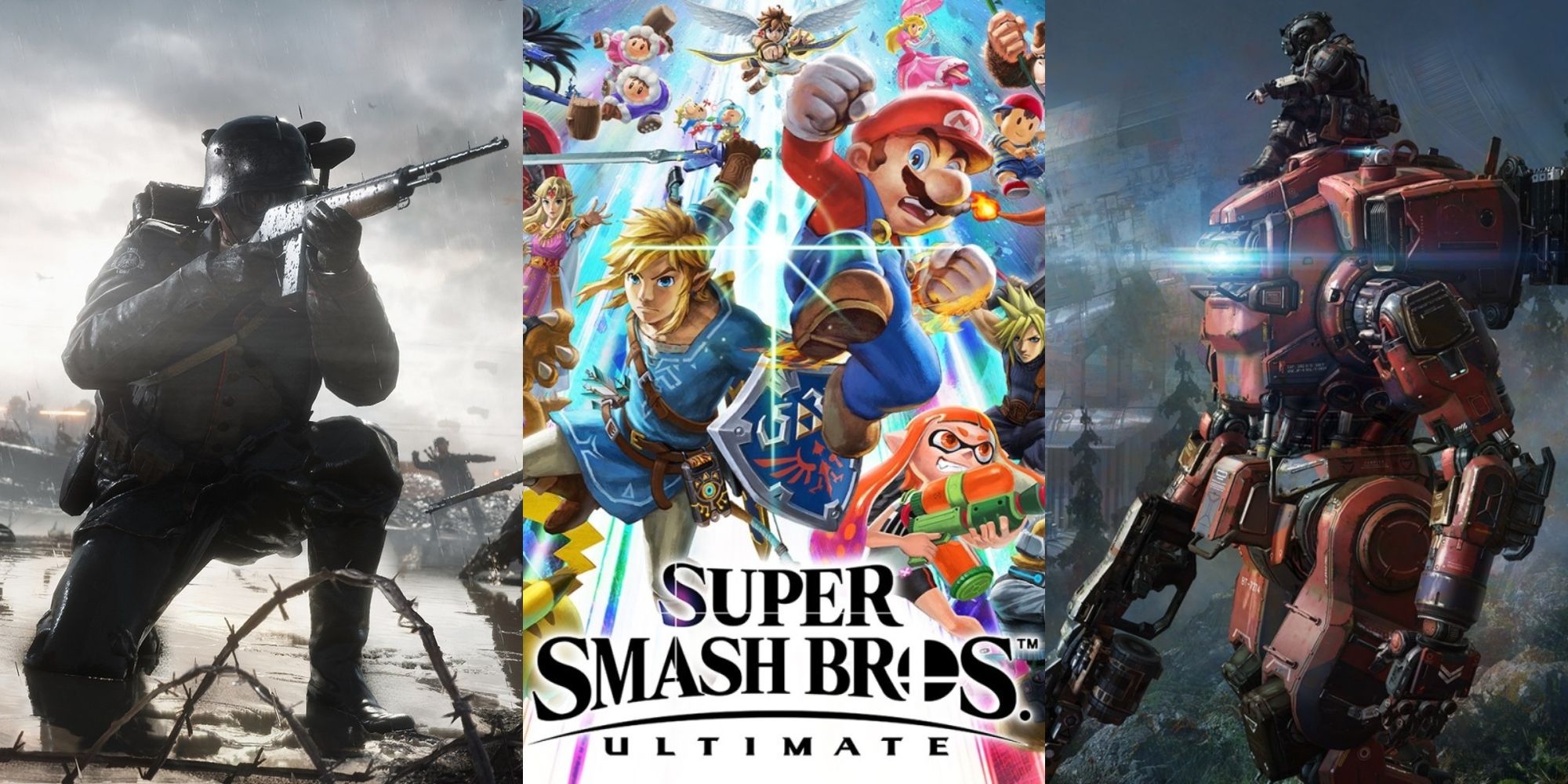 A feature image containing Titanfall 2, BF1, and Smash Ultimate