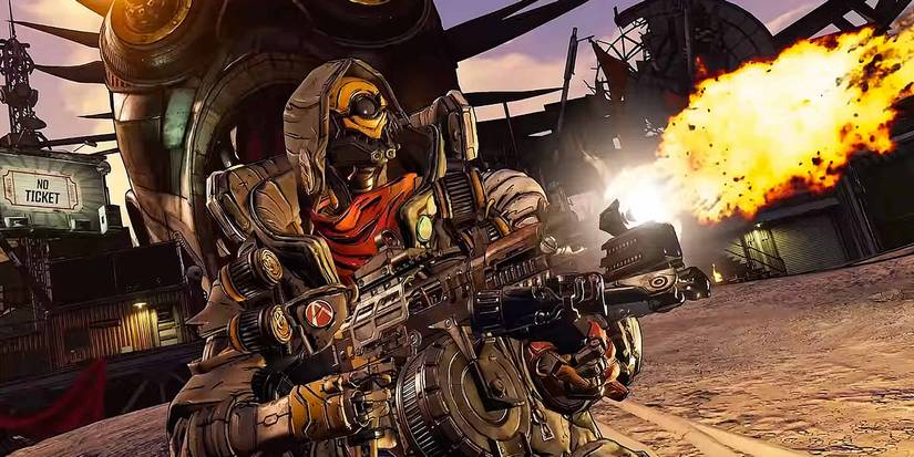 Fl4k of Borderlands 3 firing a gun off screen.