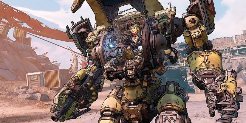 Moze smiling in her mech in Borderlands 3.