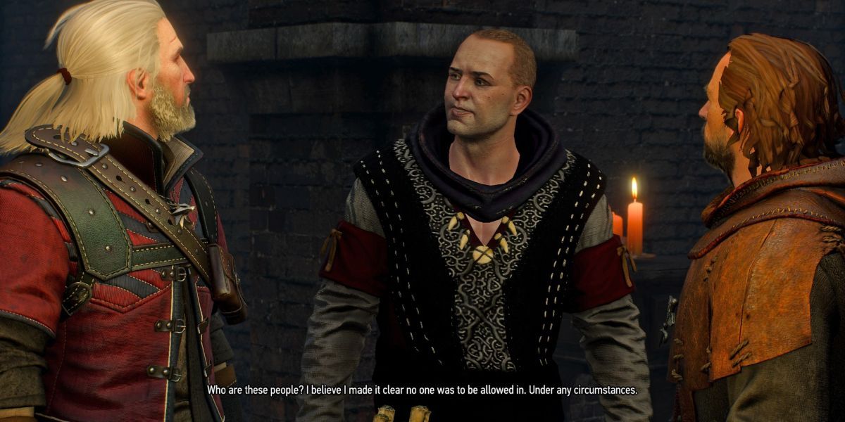 Geralt talks to two people during Carnal Sins in The Witcher 3: Wild Hunt
