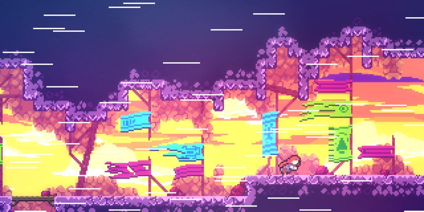 Celeste screenshot where the main character is running through a colourful level