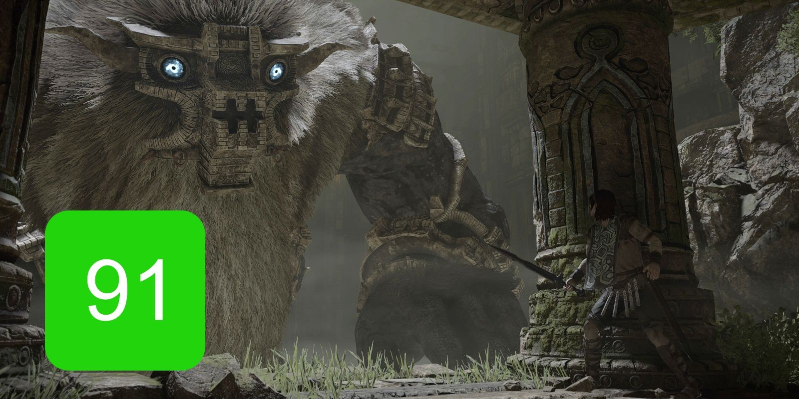 The ps4 metascore for Shadow of the Colossus, featuring the main character and one of the colossi