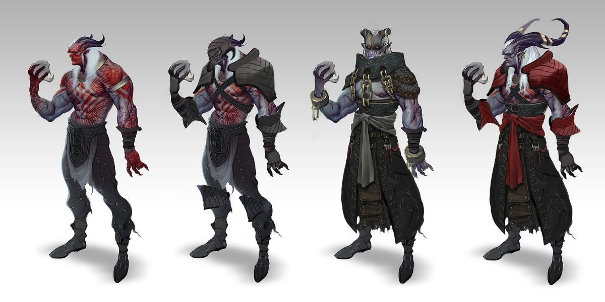 Dragon Age Qunari Military concept art including warriors, the Arishok, and Sarebaas