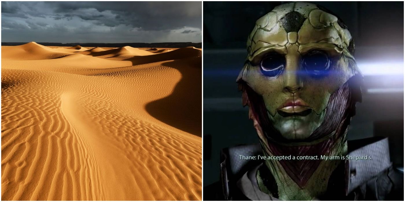 image of Thane Krios from Mass Effect next to a desert