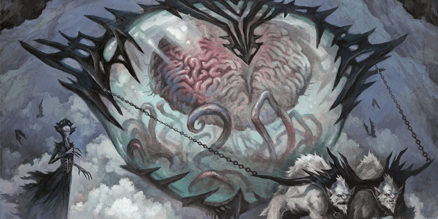 image of an Elder Brain being pulled by animals with a Mind Flayer behind