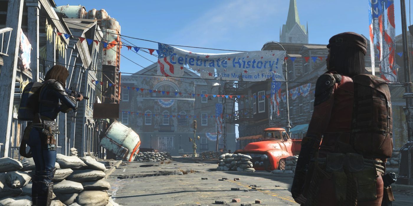 Fallout 4 Concord main street general view with player and piper