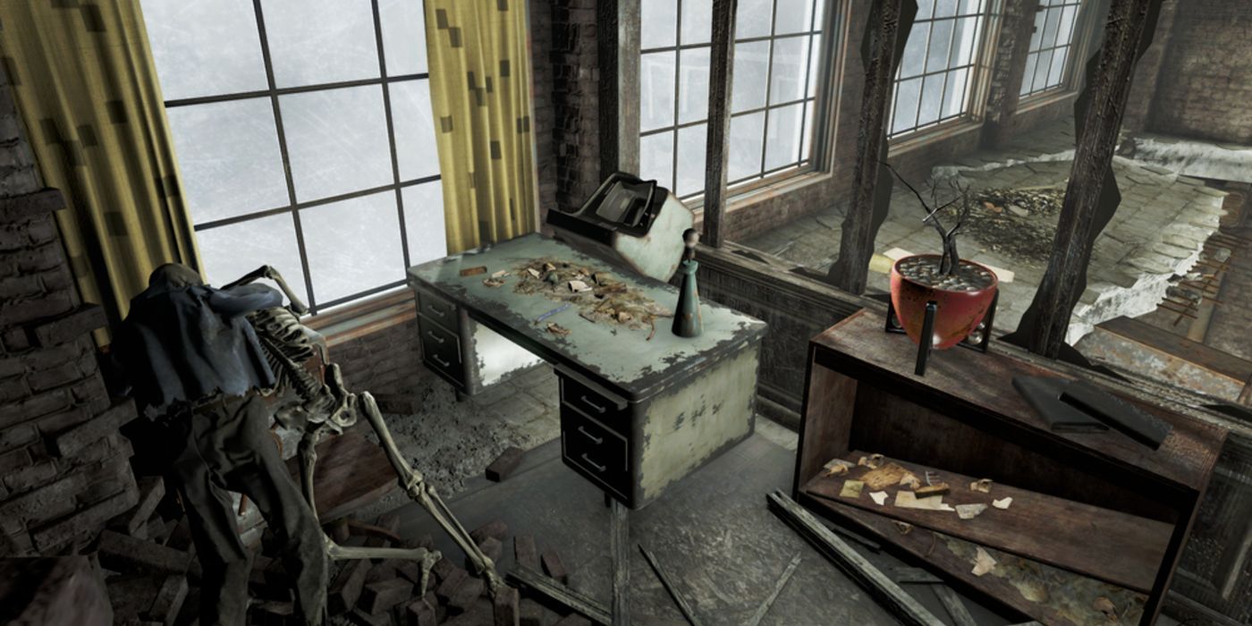 Fallout 4 Concord's Workhouse top floor with two skeletons fighting