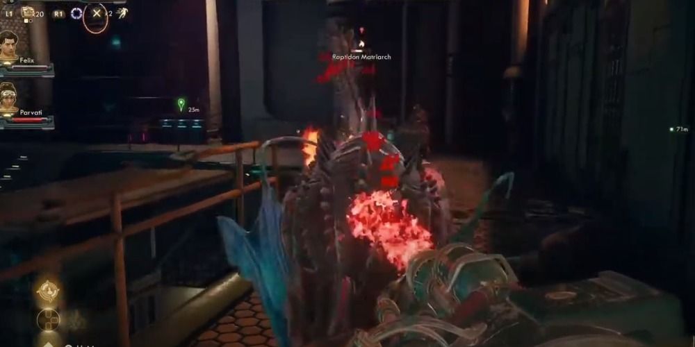 Player wielding a Flamethrower in Outer Worlds