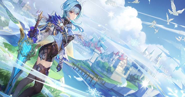 official art of eula from pre release. She is to the left of the image with teyvat behind her.