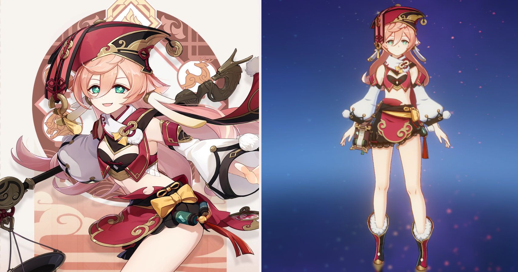 Yanfeis art card side by side with her in game menu appearance