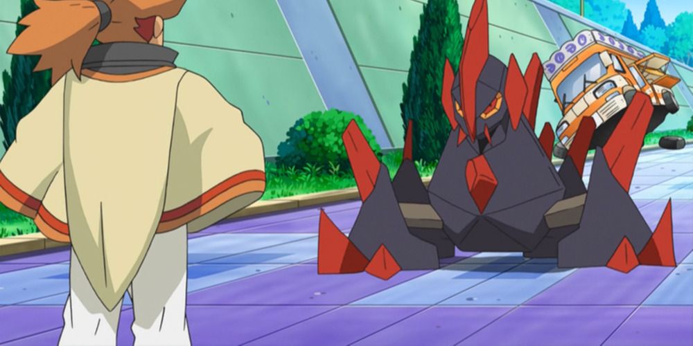 Gigalith facing down Alder in the Pokemon anime
