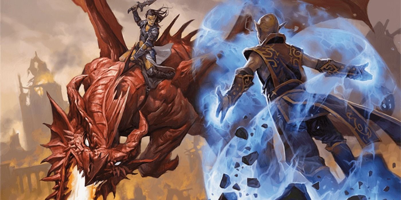 A Githyanki flying a red dragon squares off against a mage