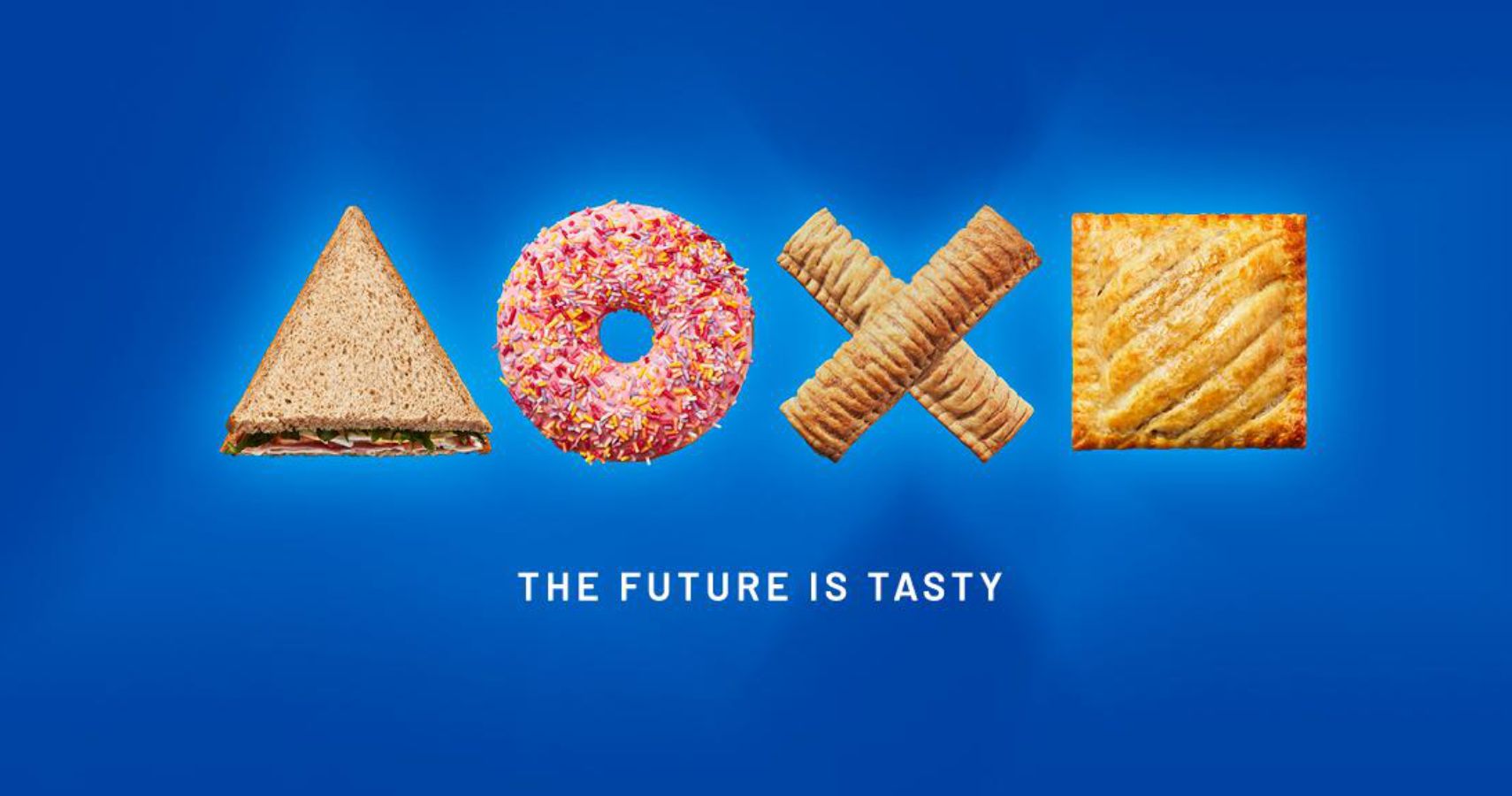 PS logo made from a sandwich, donut, sausage rolls and a pasty. Underneath it reads the future is tasty.