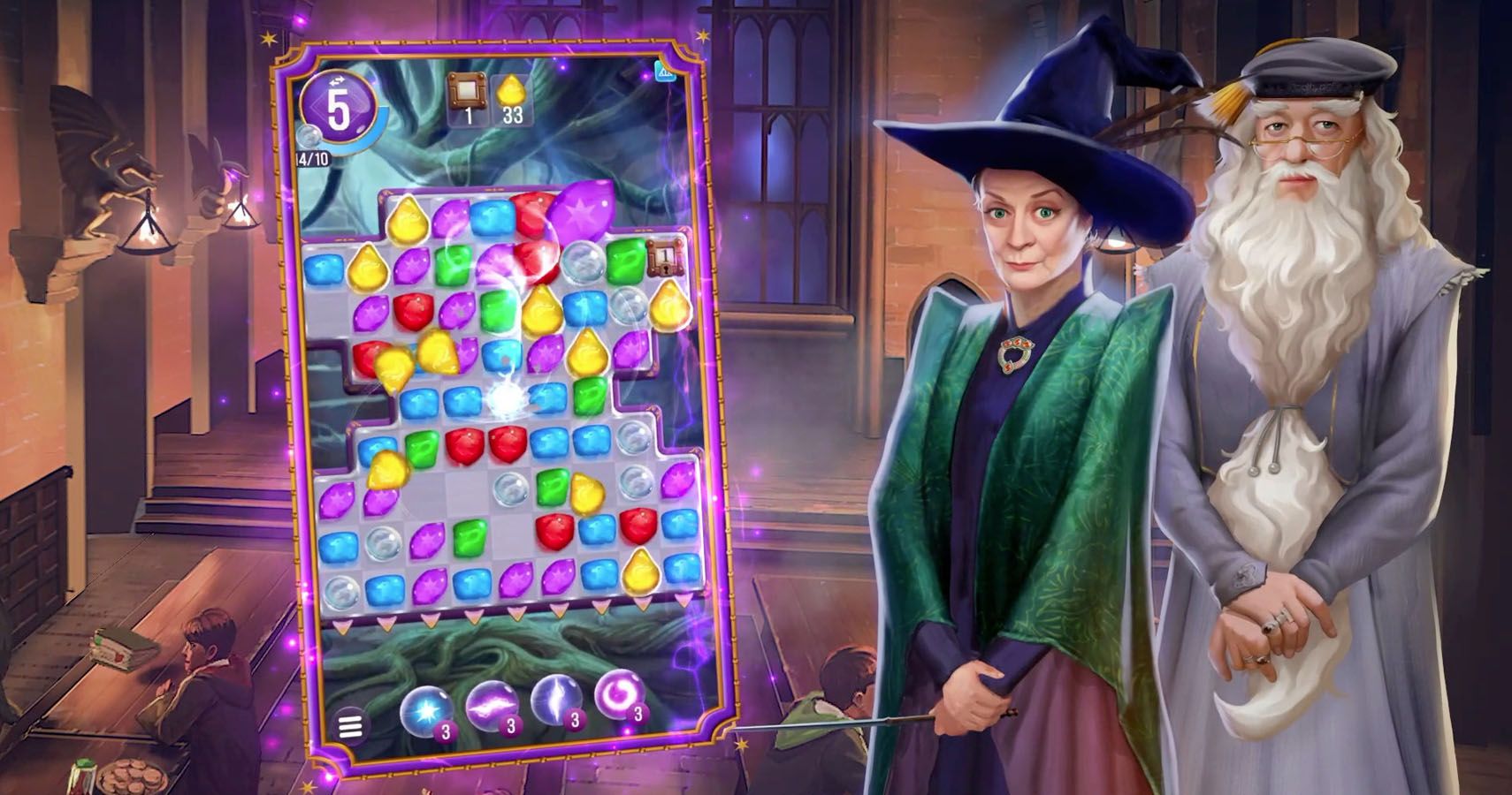 screenshot of HP puzzles and spells next to McGonogal and Dumbledore graphics.