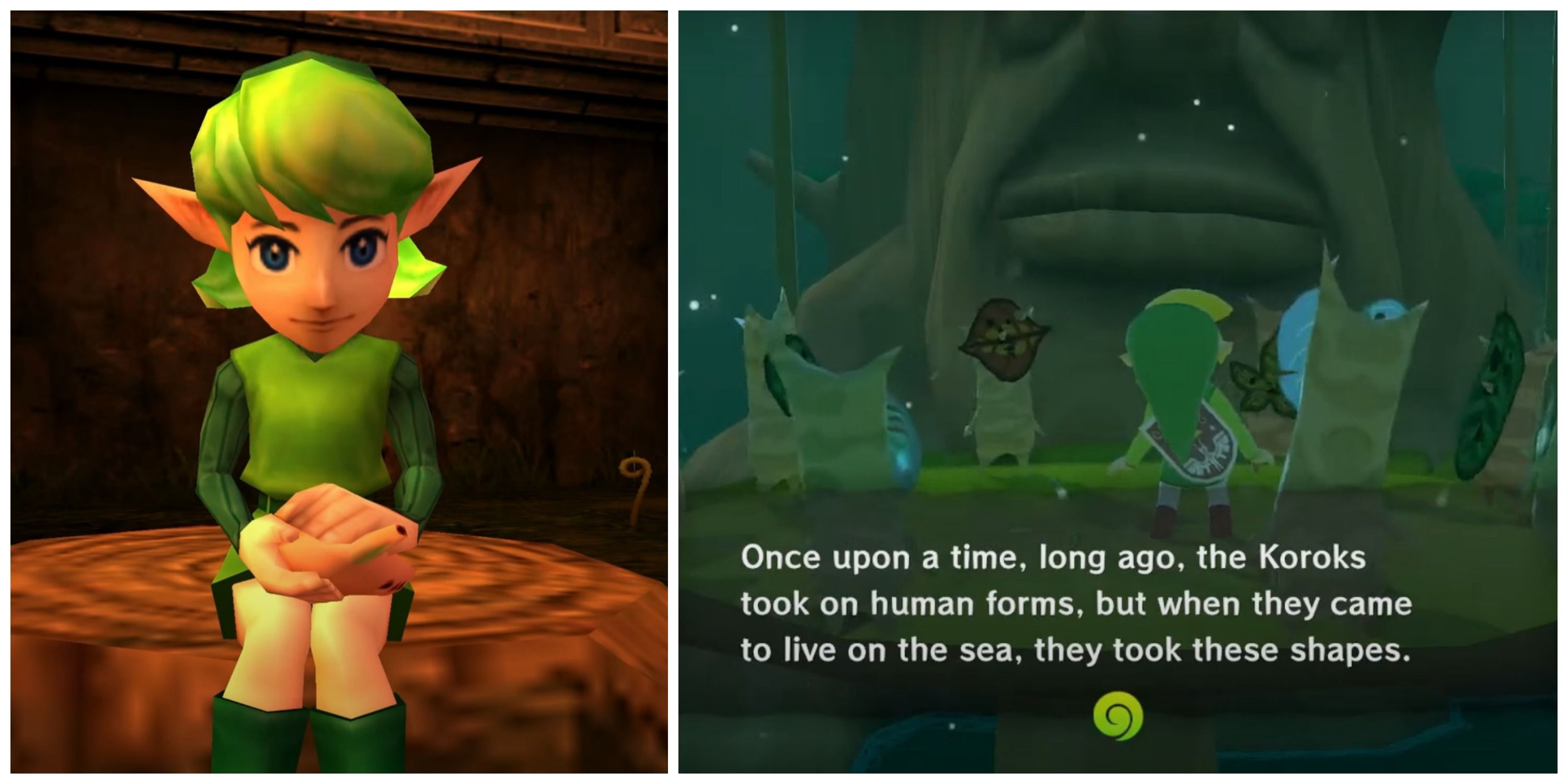 A split image showing Kokiri on the left and Toon Link speaking with Koroks on the right.