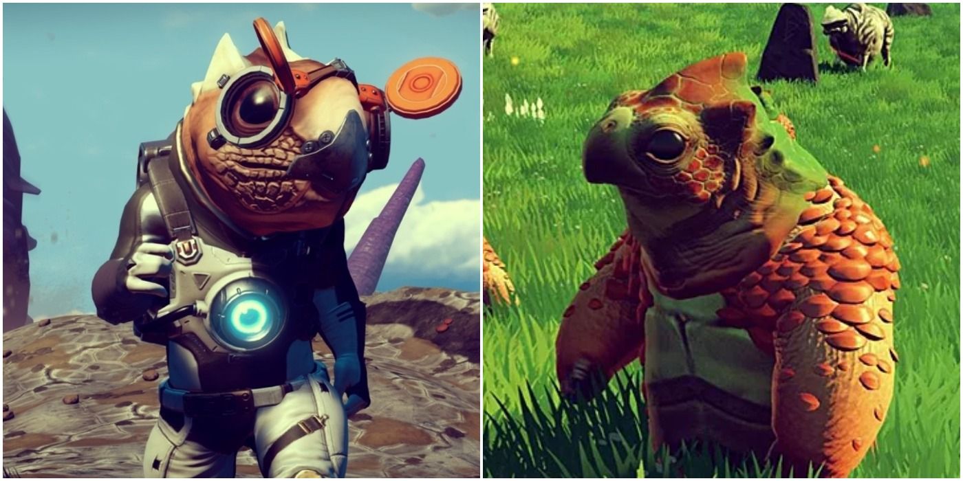 image of a Gek and a Gek-like creature from No Man's Sky