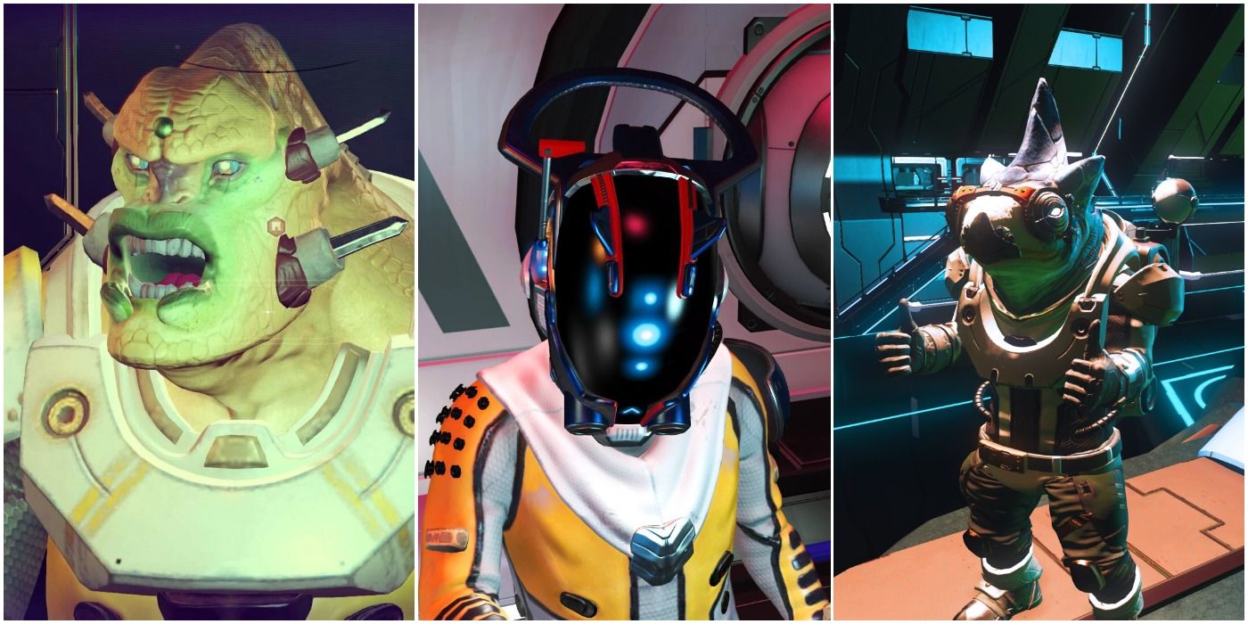 images of a Vy'Keen, Korvax, and Gek from No Man's Sky