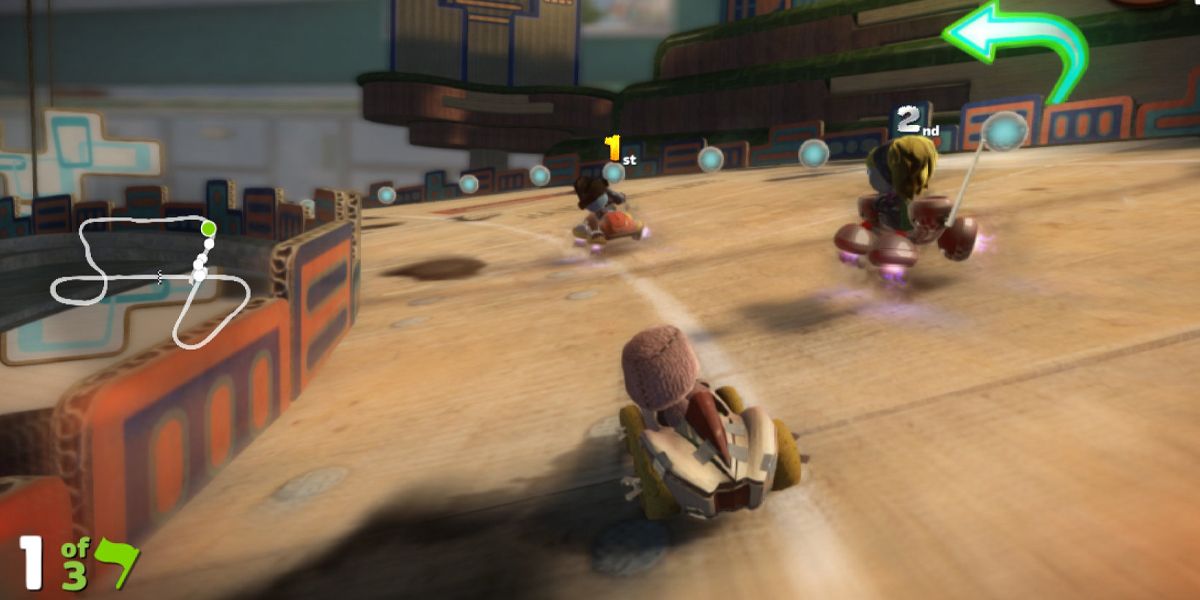 Sackboy in a kart racing against other sack creatures