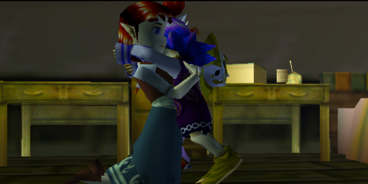 Kafei hugging Anju after reuniting in Majora's Mask