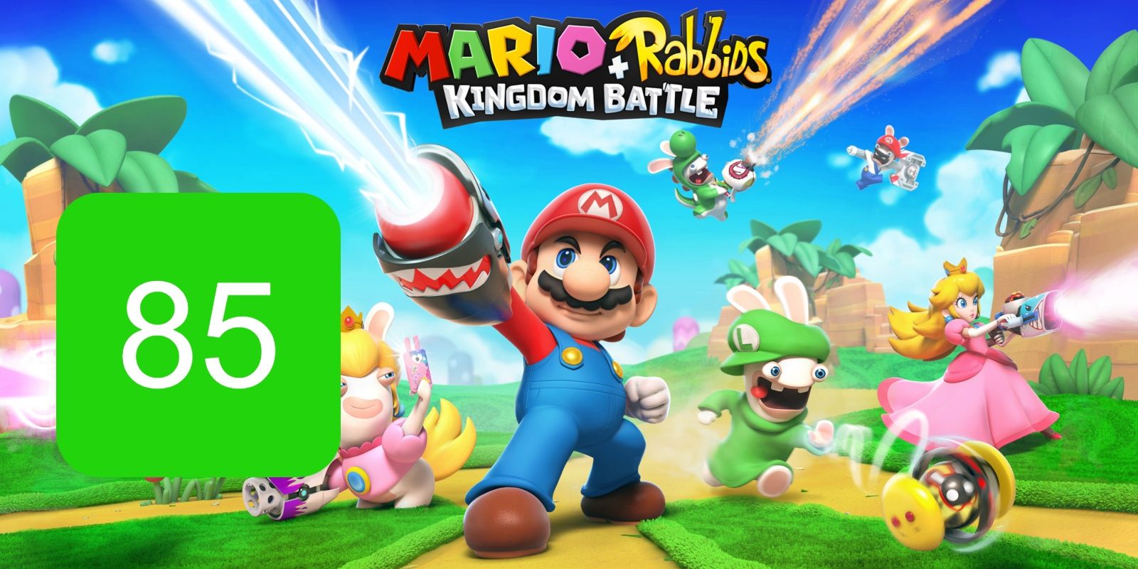 The Metascore for Mario + Rabbids Kingdom Battle on Switch, featuring the characters from the game