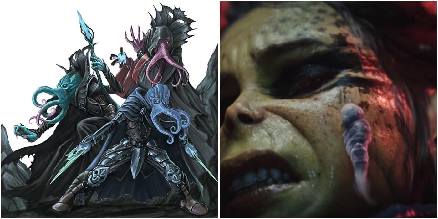 image of three Mind Flayers next to an image of a Githyanki receiving a tadpole