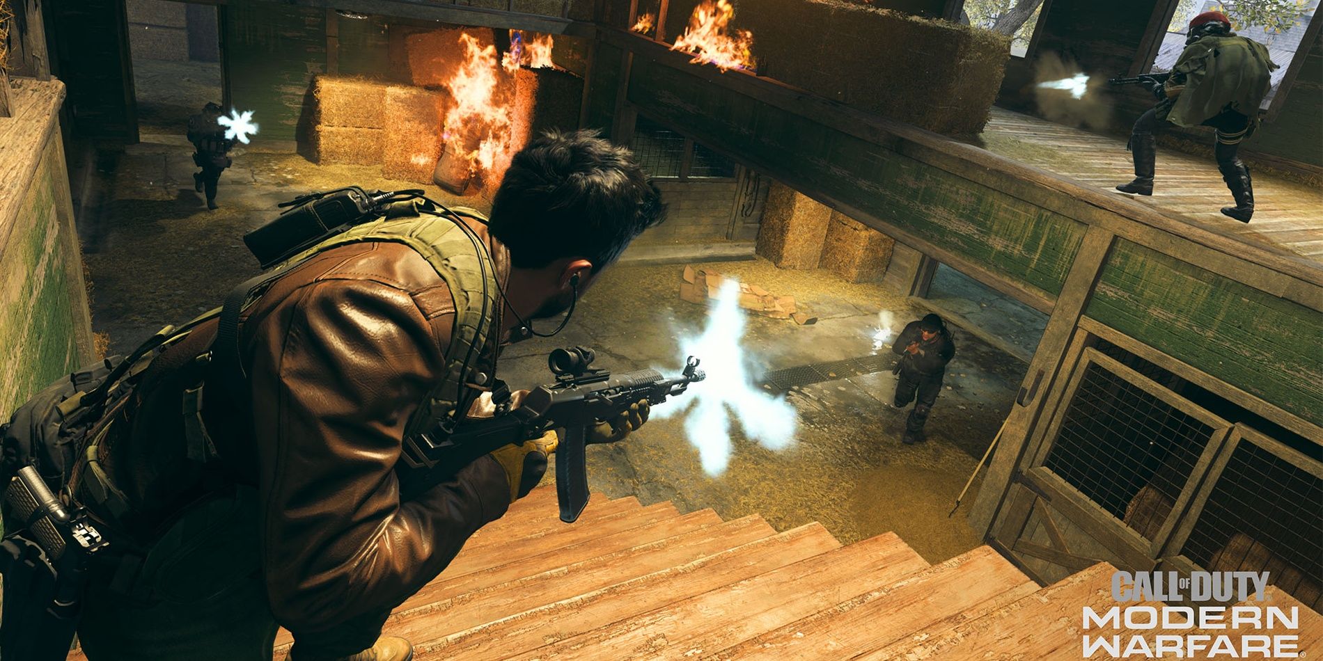 Operators fighting in a barn in Call of Duty Modern Warfare