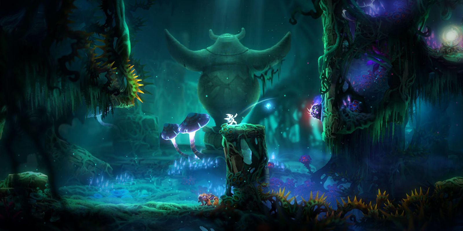 Ori And The Blind Forest - Ori Standing In A Dark Cave Filled With Spikes, Mushrooms, And Grass