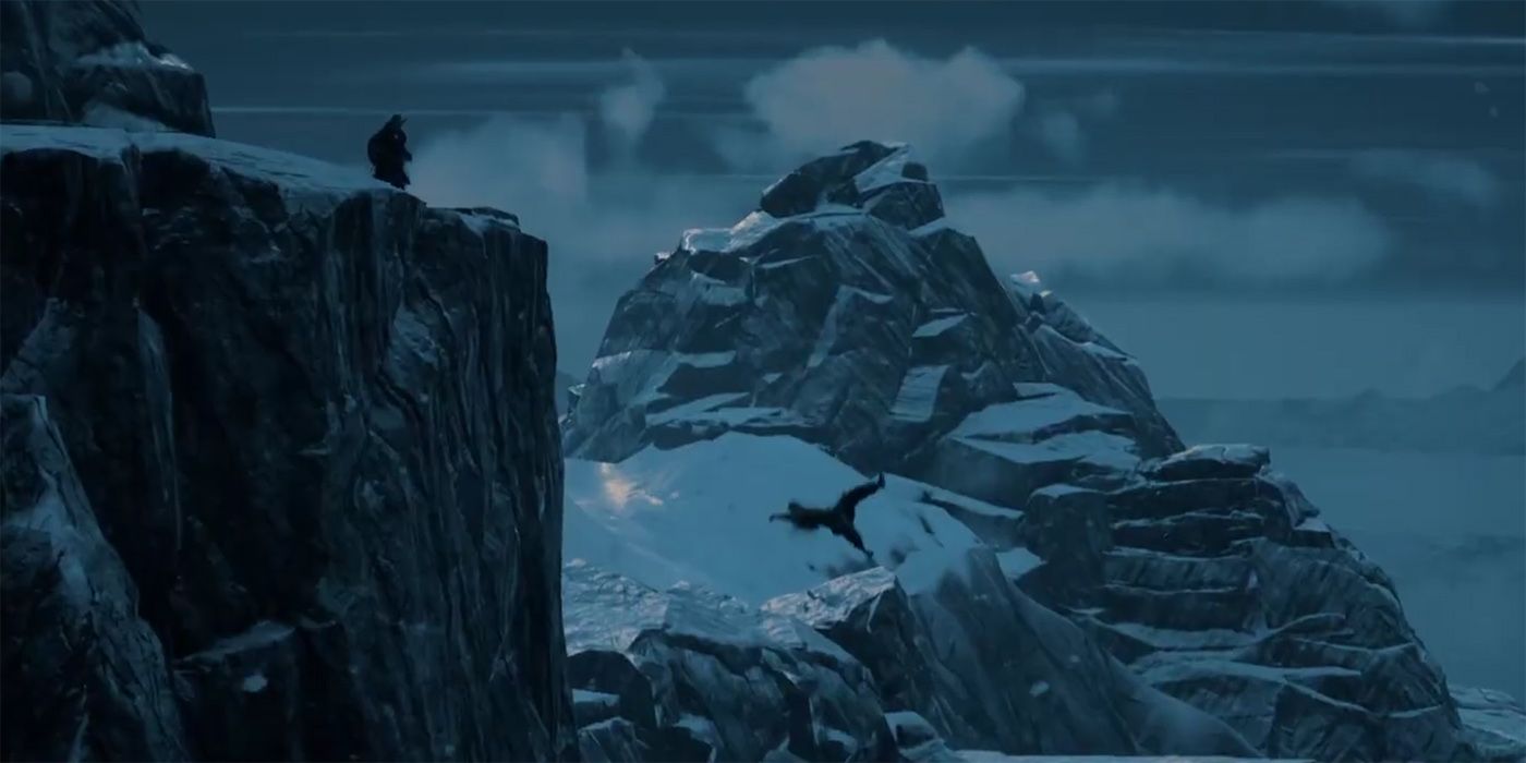 Assassin's Creed Valhalla: Eivor Watching As A Man Falls From A Cliff