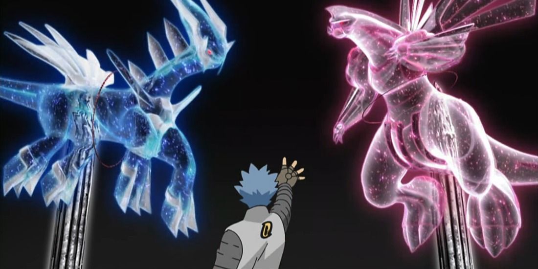 Cyrus spawning Dialga and Palkia using the Red Chain in the Pokemon Anime