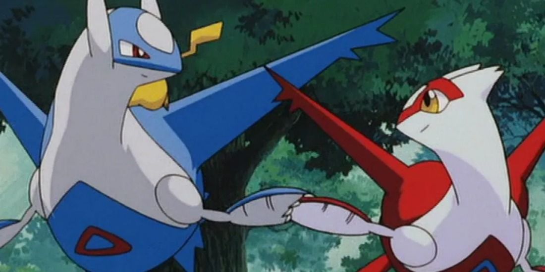 Latios and Latias holding hands while Pikachu rides on top in the Pokemon Anime
