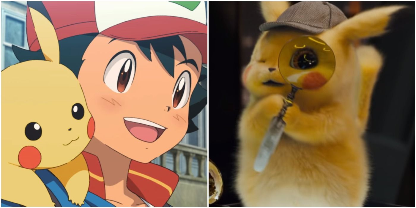 An anime version of Ash and Pikachu from the Pokémon anime next to Detective Pikachu