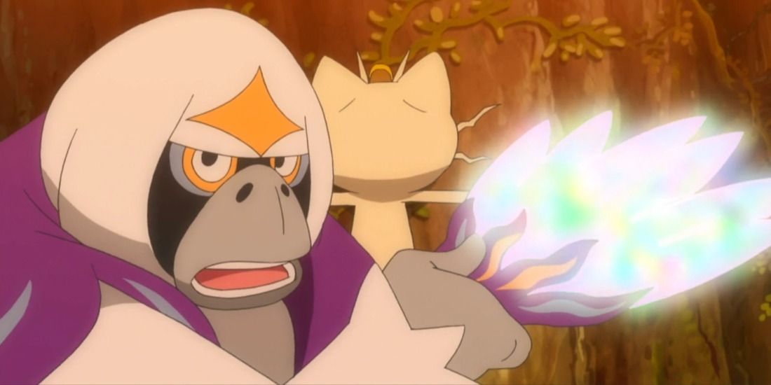 Oranguru in the Pokemon Anime defending Meowth