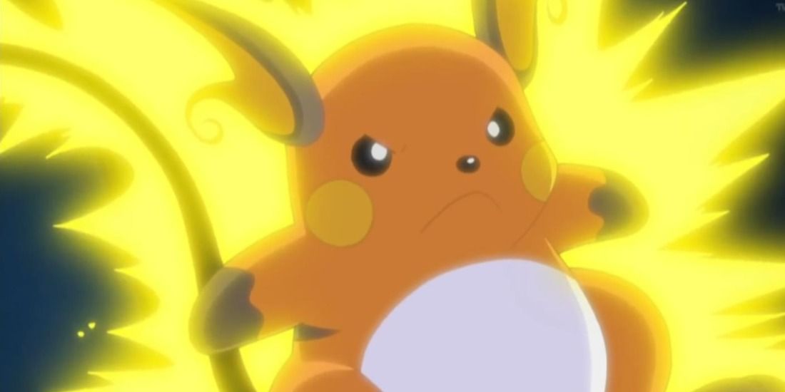Raichu full of anger and determination with an electric aura in the Pokemon Anime
