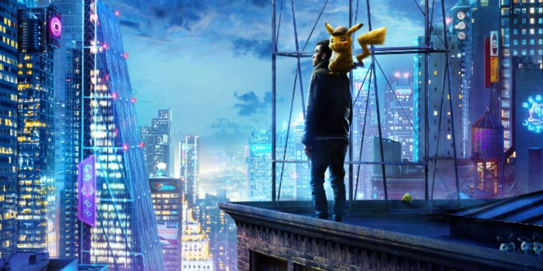 Detective Pikachu and his partner above the Pokémon-filled city