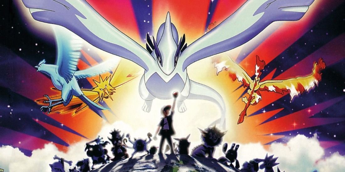 Lugia and the Legendary Birds flying above Ash in Pokémon The Movie 2000