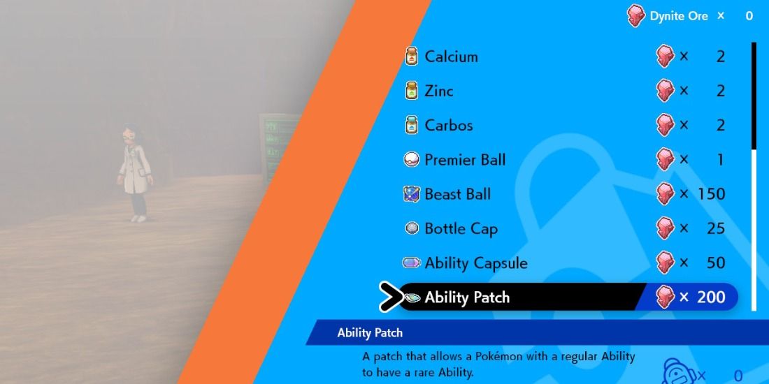 Dynite Ore salesman menu with an expensive Ability Patch in The Crown Tundra of Pokemon Sword Shield