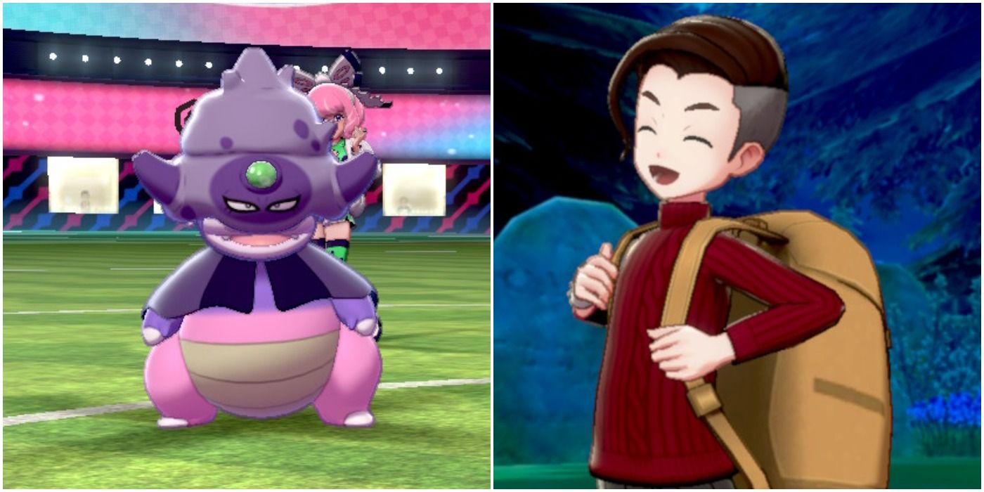 Galarian Slowpoke and a trainer from Pokemon Sword & Shield laughing with a backpack
