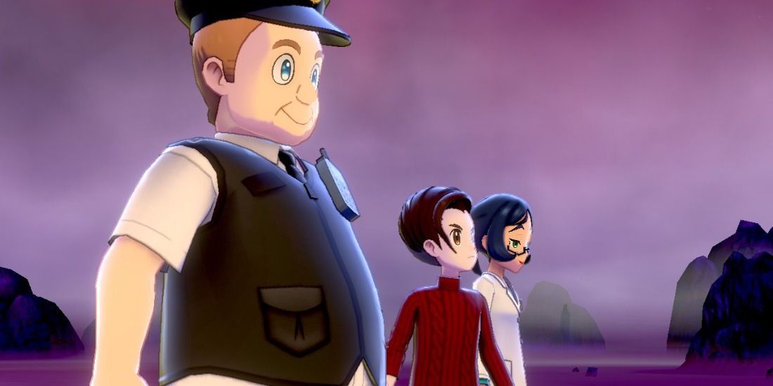 One cheery cop and a tired scientist beside an eager trainer in Pokémon Sword & Shield